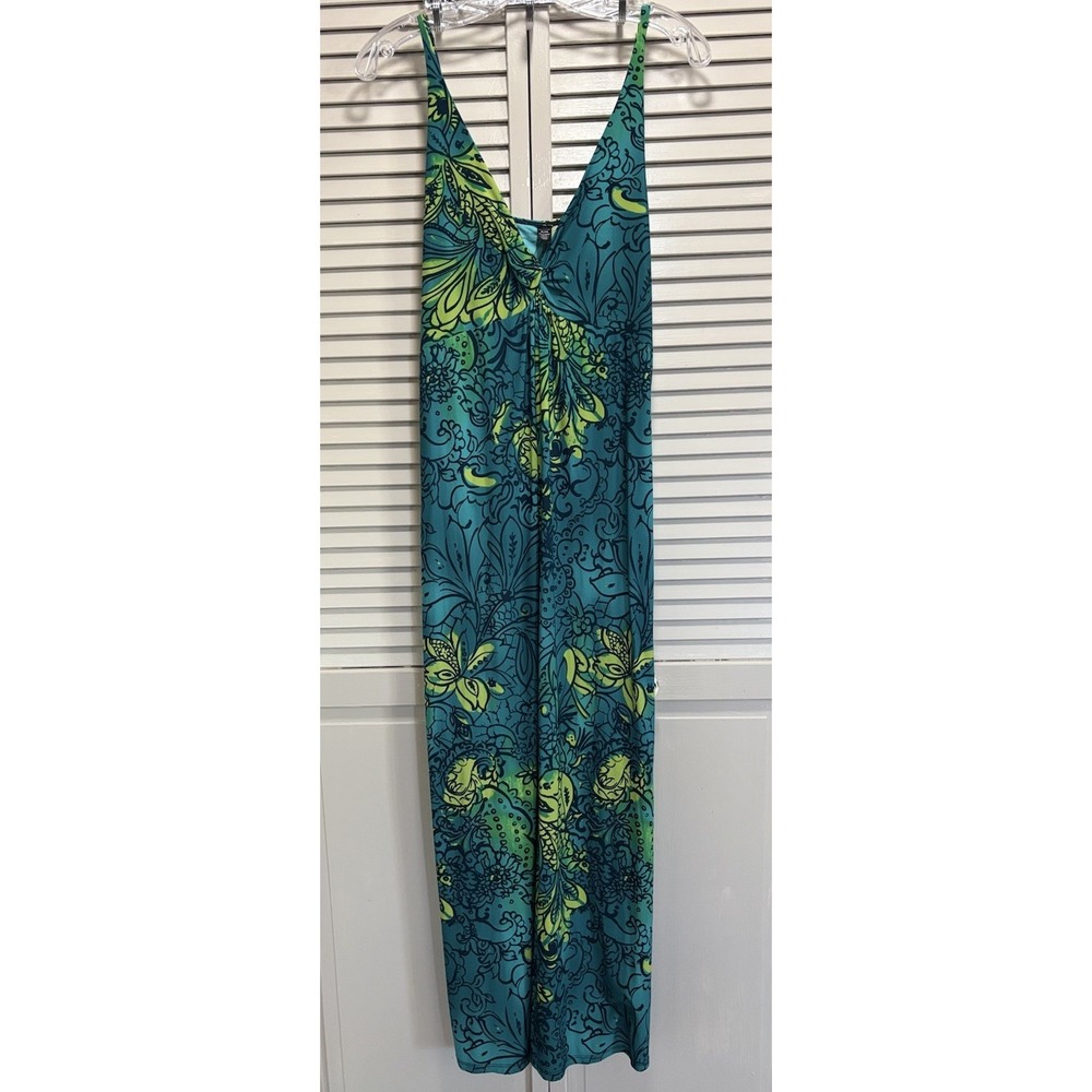 Ambrielle Floral V Neck Adj Straps Maxi Dress Size XL Green/Yellow Colorful EUC